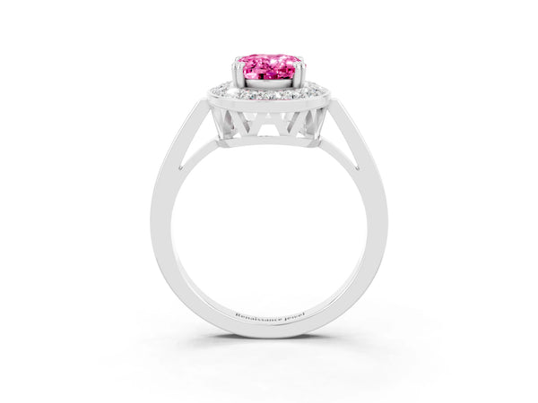 White gold Oval Cut Pink Sapphire Halo Ring with Split Shank and Four-Prong Setting