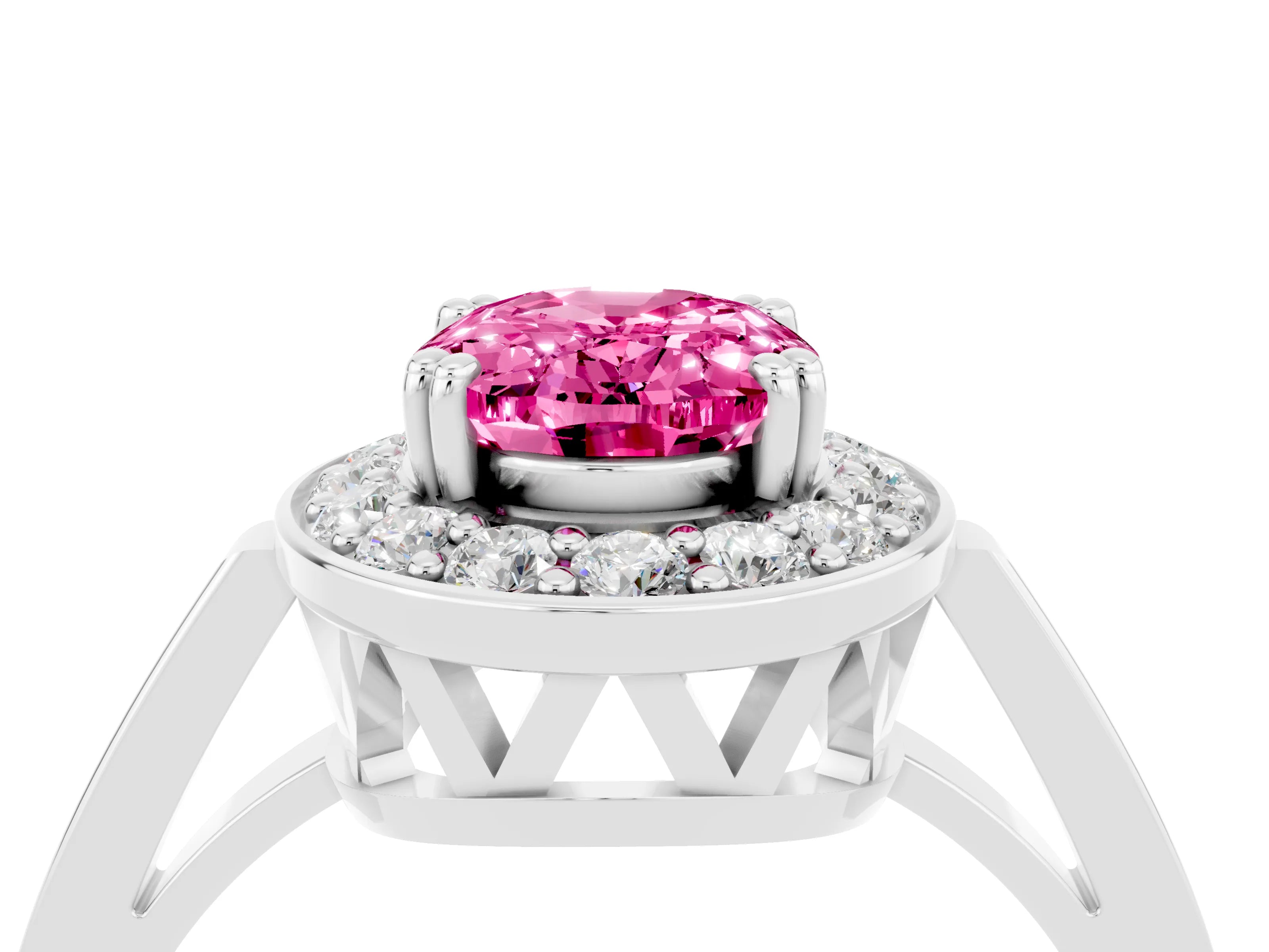 White gold Oval Cut Pink Sapphire Halo Ring with Split Shank and Four-Prong Setting_16