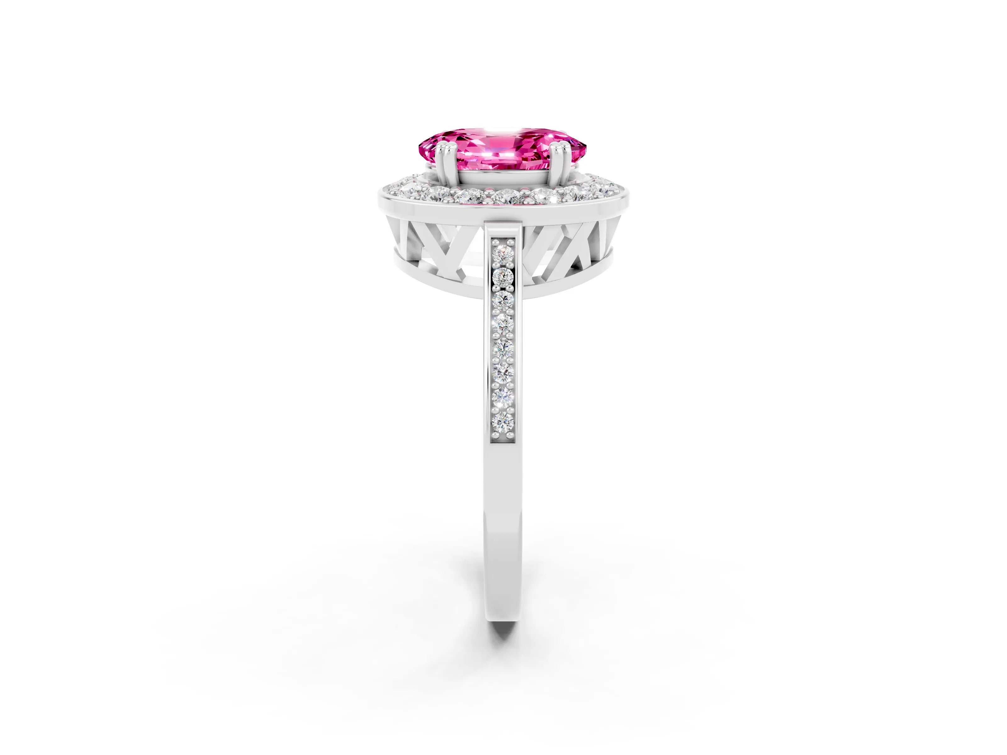 White gold Oval Cut Pink Sapphire Halo Ring with Split Shank and Four-Prong Setting_2