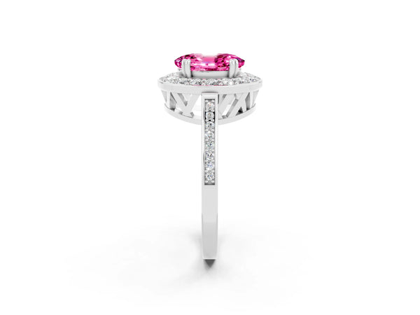 Platinum Oval Cut Pink Sapphire Halo Ring with Split Shank and Four-Prong Setting