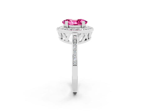 White gold Oval Cut Pink Sapphire Halo Ring with Split Shank and Four-Prong Setting_2