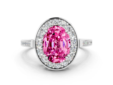 White gold Oval Cut Pink Sapphire Halo Ring with Split Shank and Four-Prong Setting