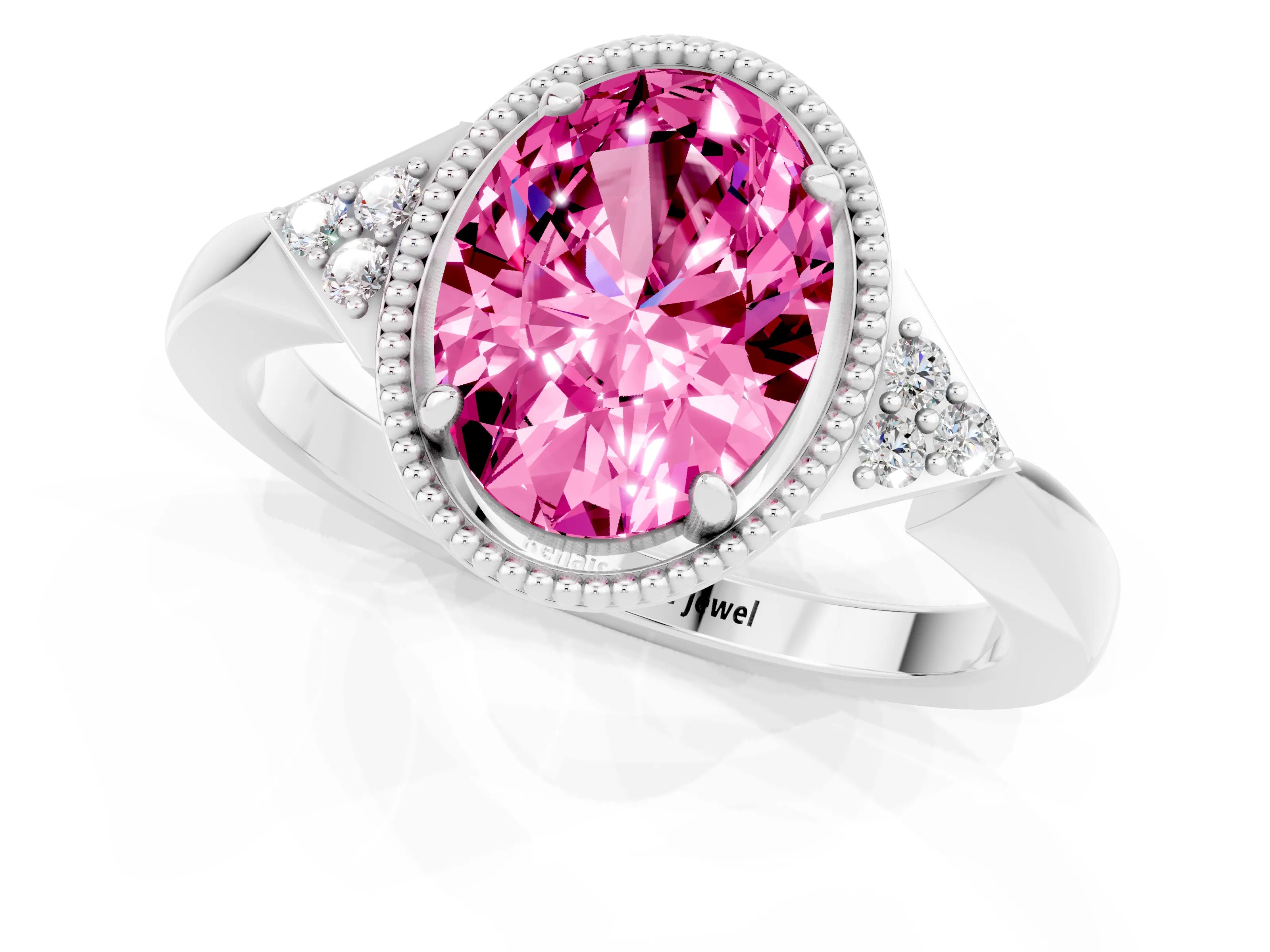 White gold Oval Cut Pink Sapphire Halo Ring with Tapered Band and Four-Prong Setting_1