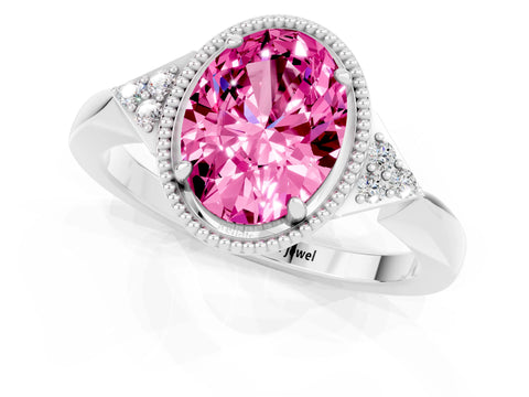 White gold Oval Cut Pink Sapphire Halo Ring with Tapered Band and Four-Prong Setting_1