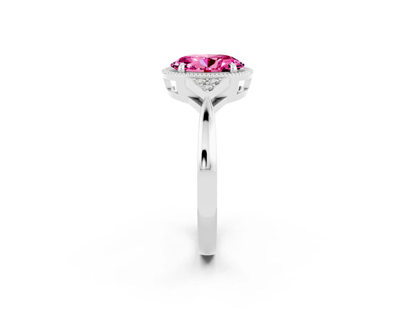 Platinum Oval Cut Pink Sapphire Halo Ring with Tapered Band and Four-Prong Setting