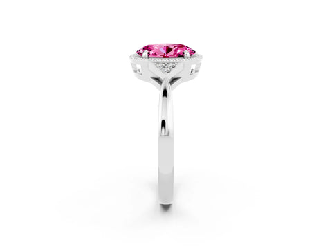 White gold Oval Cut Pink Sapphire Halo Ring with Tapered Band and Four-Prong Setting_2
