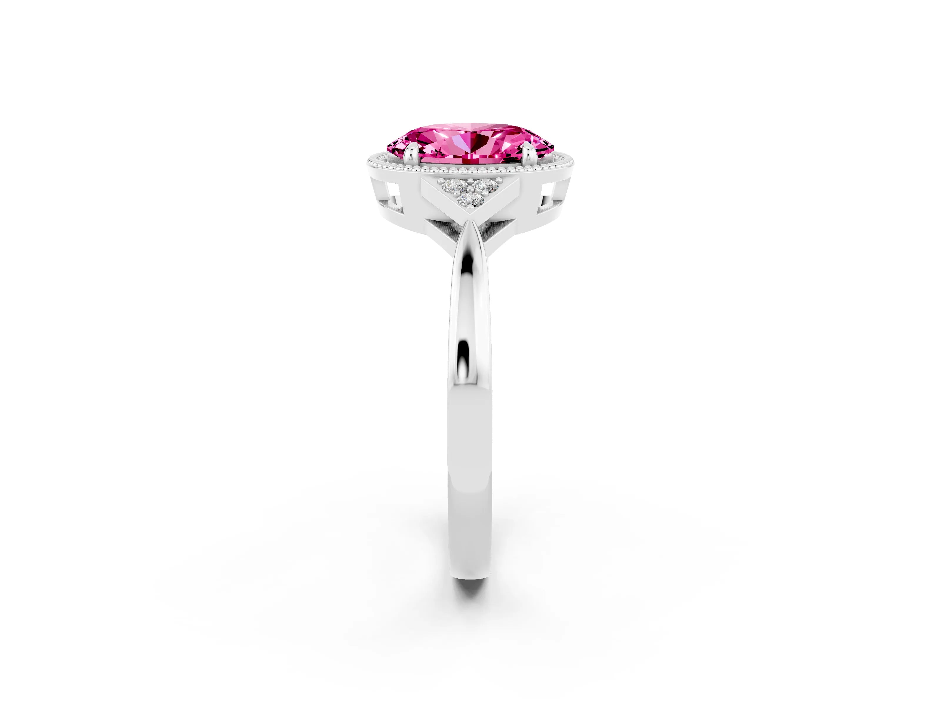 White gold Oval Cut Pink Sapphire Halo Ring with Tapered Band and Four-Prong Setting_2