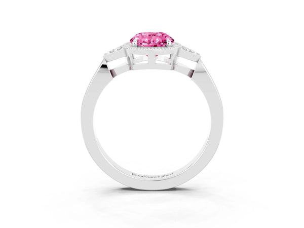 Platinum Oval Cut Pink Sapphire Halo Ring with Tapered Band and Four-Prong Setting