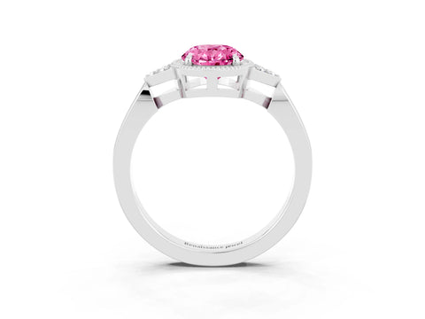 White gold Oval Cut Pink Sapphire Halo Ring with Tapered Band and Four-Prong Setting_3