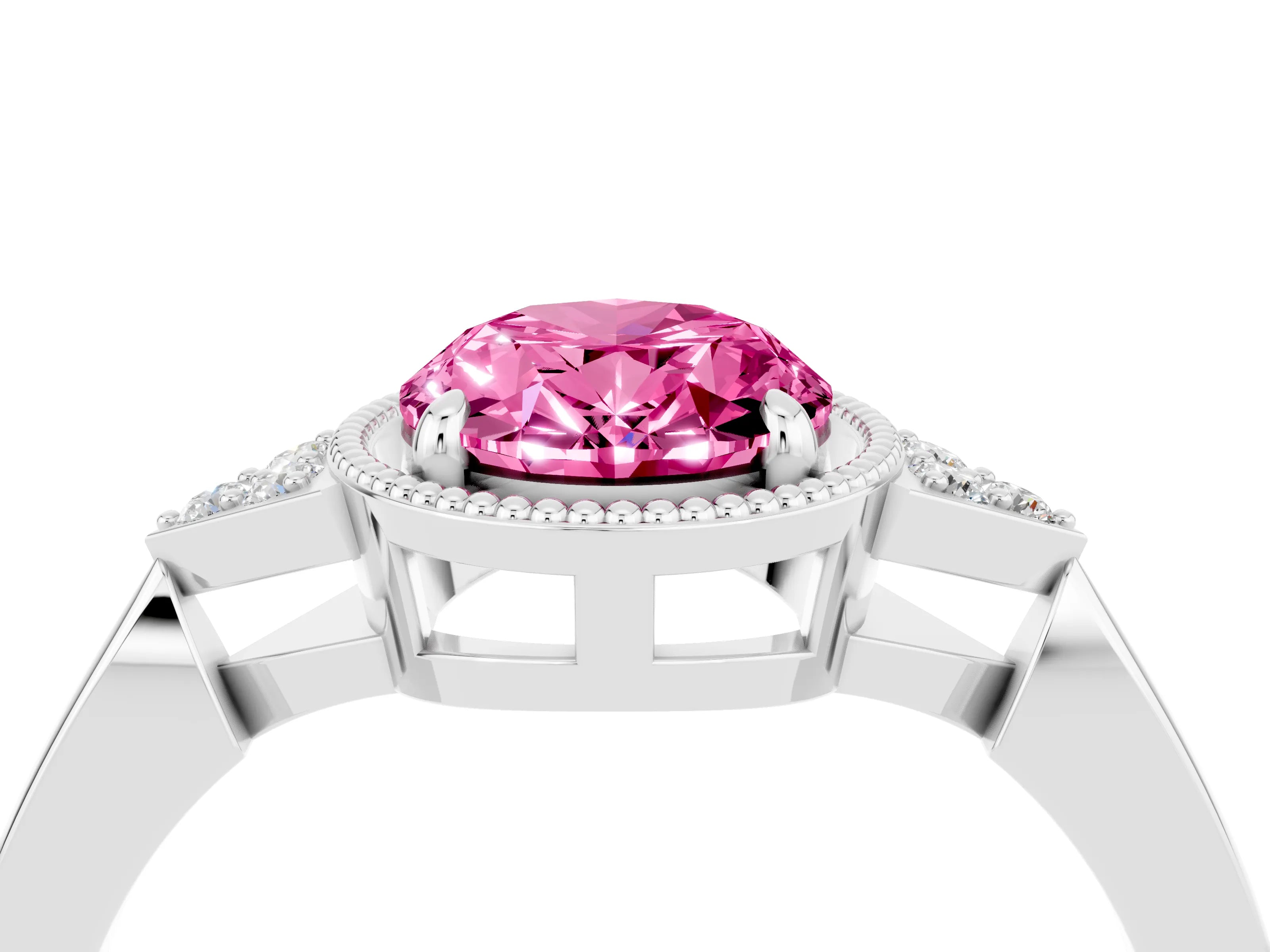 White gold Oval Cut Pink Sapphire Halo Ring with Tapered Band and Four-Prong Setting_4