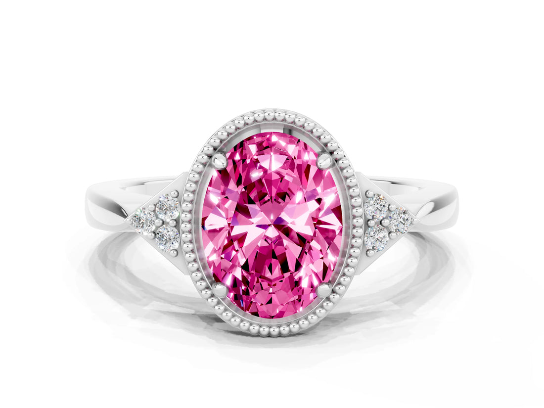 White gold Oval Cut Pink Sapphire Halo Ring with Tapered Band and Four-Prong Setting
