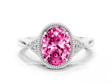 White gold Oval Cut Pink Sapphire Halo Ring with Tapered Band and Four-Prong Setting