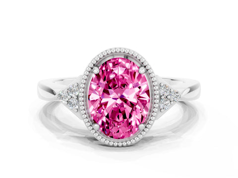 White gold Oval Cut Pink Sapphire Halo Ring with Tapered Band and Four-Prong Setting