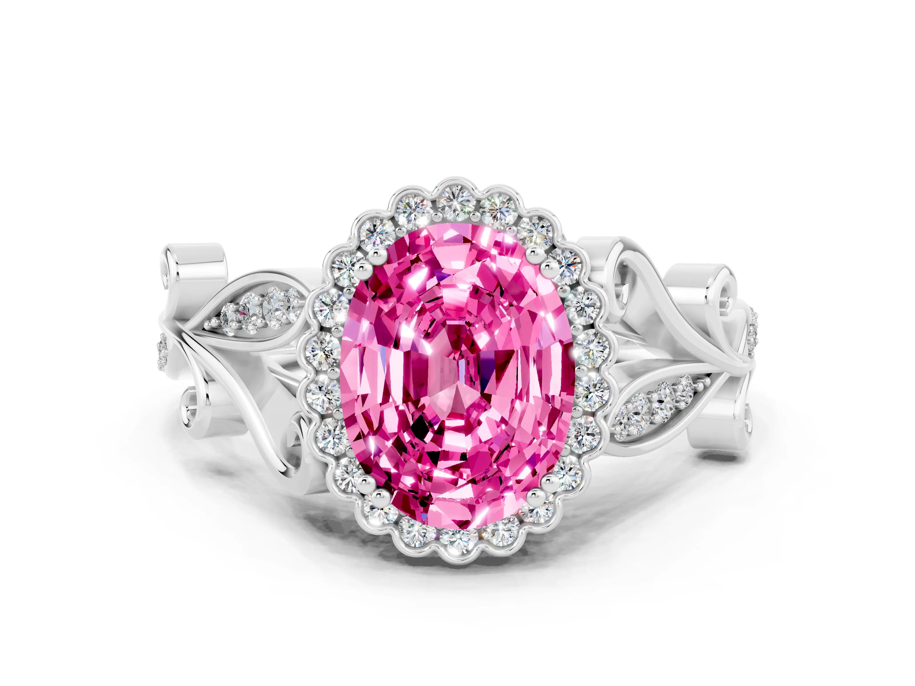 White gold Oval Cut Pink Sapphire Halo Ring with Vintage Split Shank and Four-Prong Setting_24