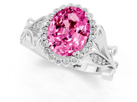 White gold Oval Cut Pink Sapphire Halo Ring with Vintage Split Shank and Four-Prong Setting_25