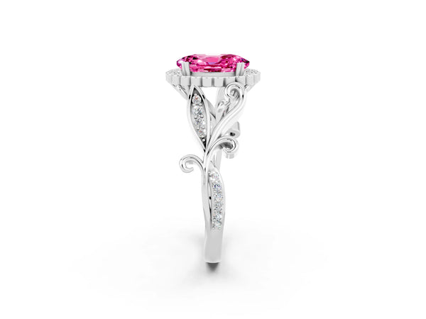 Platinum Oval Cut Pink Sapphire Halo Ring with Vintage Split Shank and Four-Prong Setting