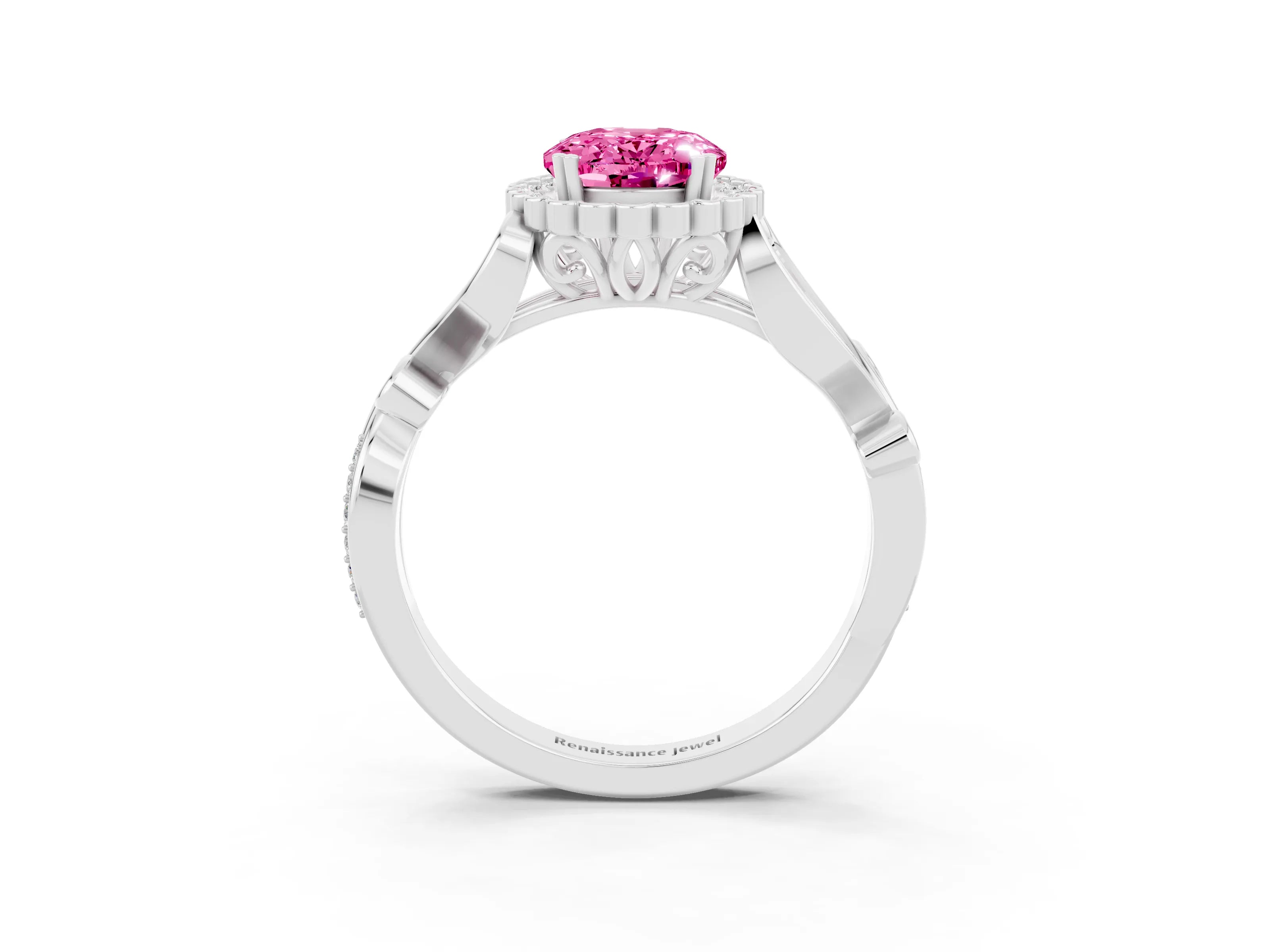 White gold Oval Cut Pink Sapphire Halo Ring with Vintage Split Shank and Four-Prong Setting_27
