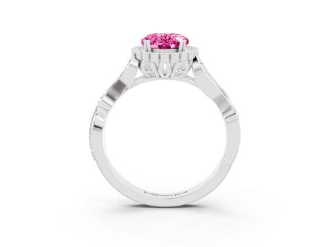 White gold Oval Cut Pink Sapphire Halo Ring with Vintage Split Shank and Four-Prong Setting_27