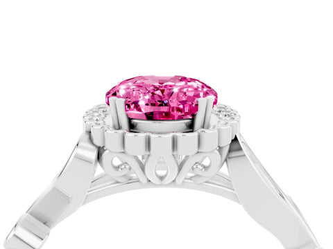 White gold Oval Cut Pink Sapphire Halo Ring with Vintage Split Shank and Four-Prong Setting_28