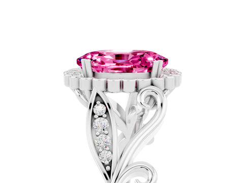 White gold Oval Cut Pink Sapphire Halo Ring with Vintage Split Shank and Four-Prong Setting_29