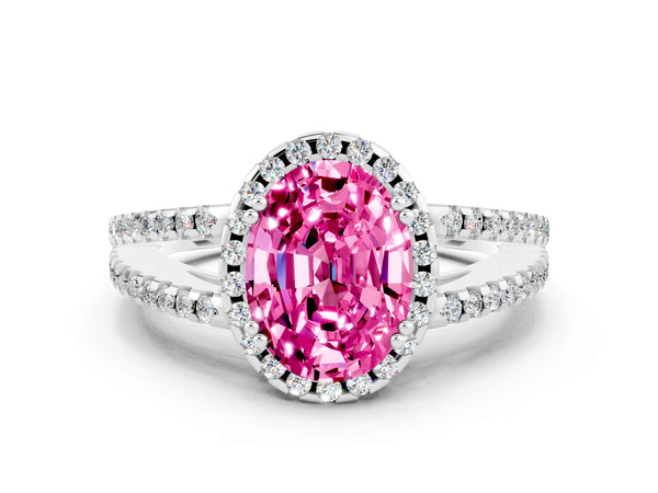 Platinum Oval Cut Pink Sapphire Halo Split Shank Engagement Ring