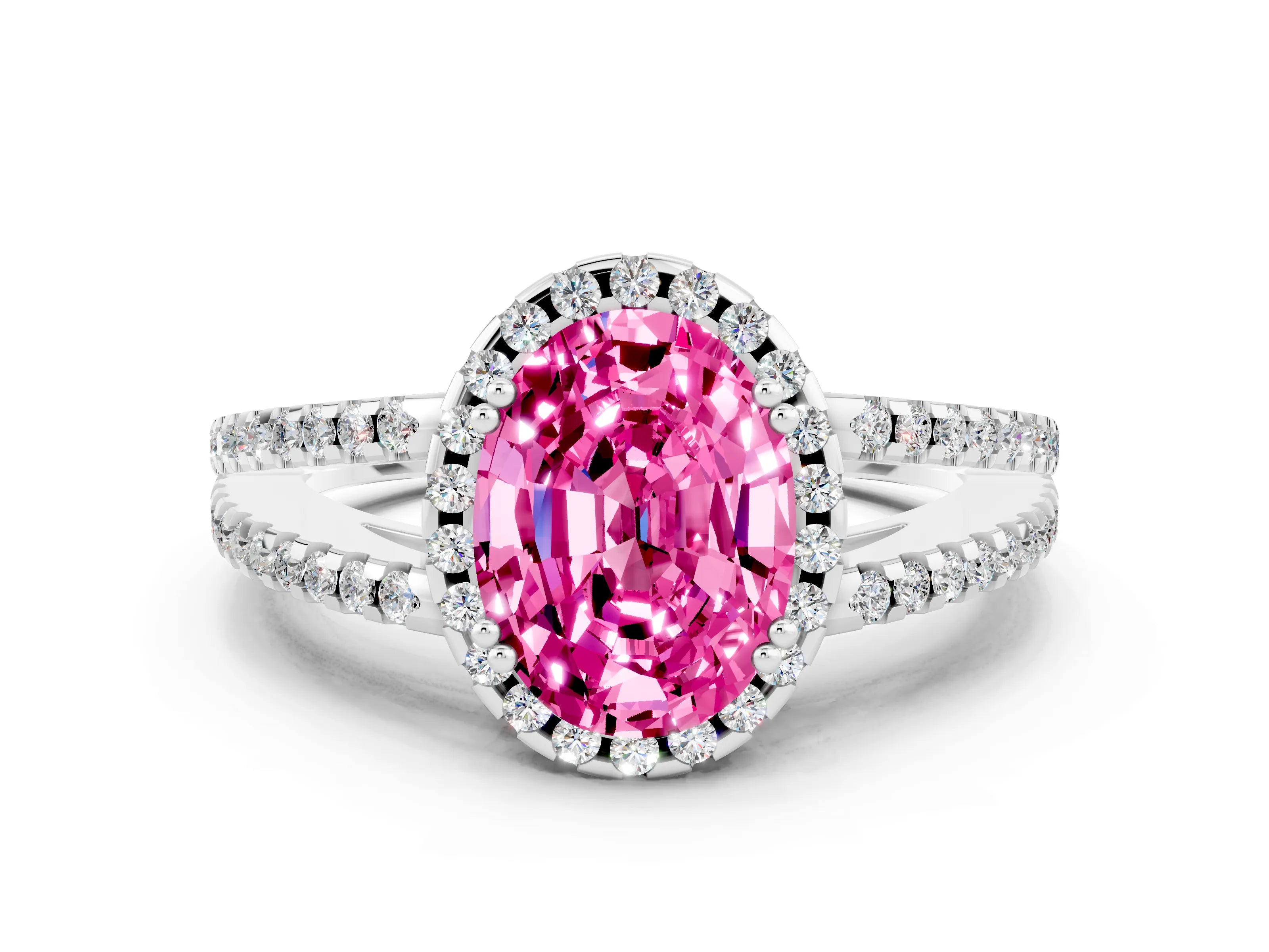 White gold Oval Cut Pink Sapphire Halo Split Shank Engagement Ring_12