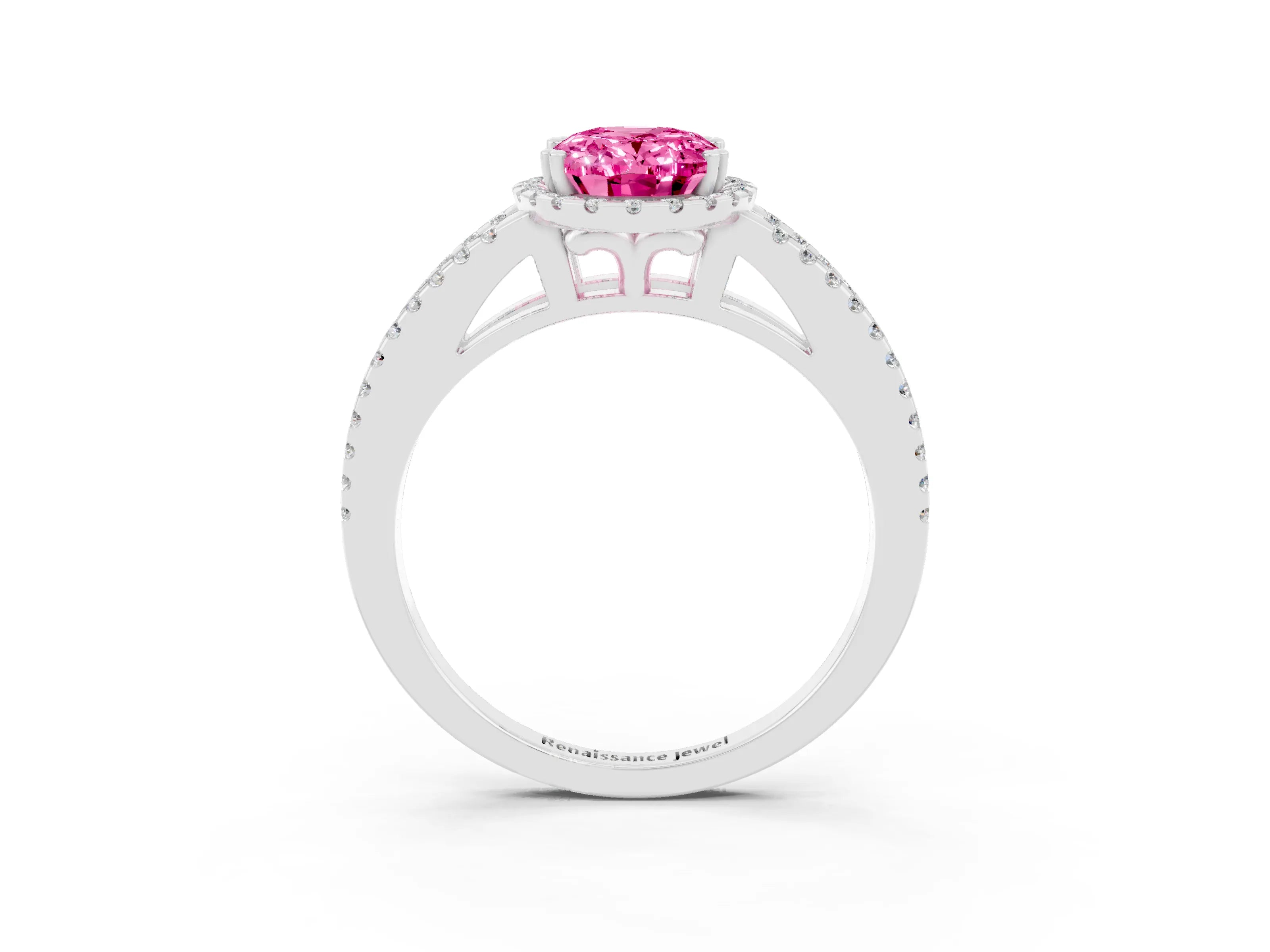 White gold Oval Cut Pink Sapphire Halo Split Shank Engagement Ring_15