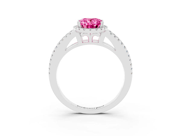 Silver Oval Cut Pink Sapphire Halo Split Shank Engagement Ring