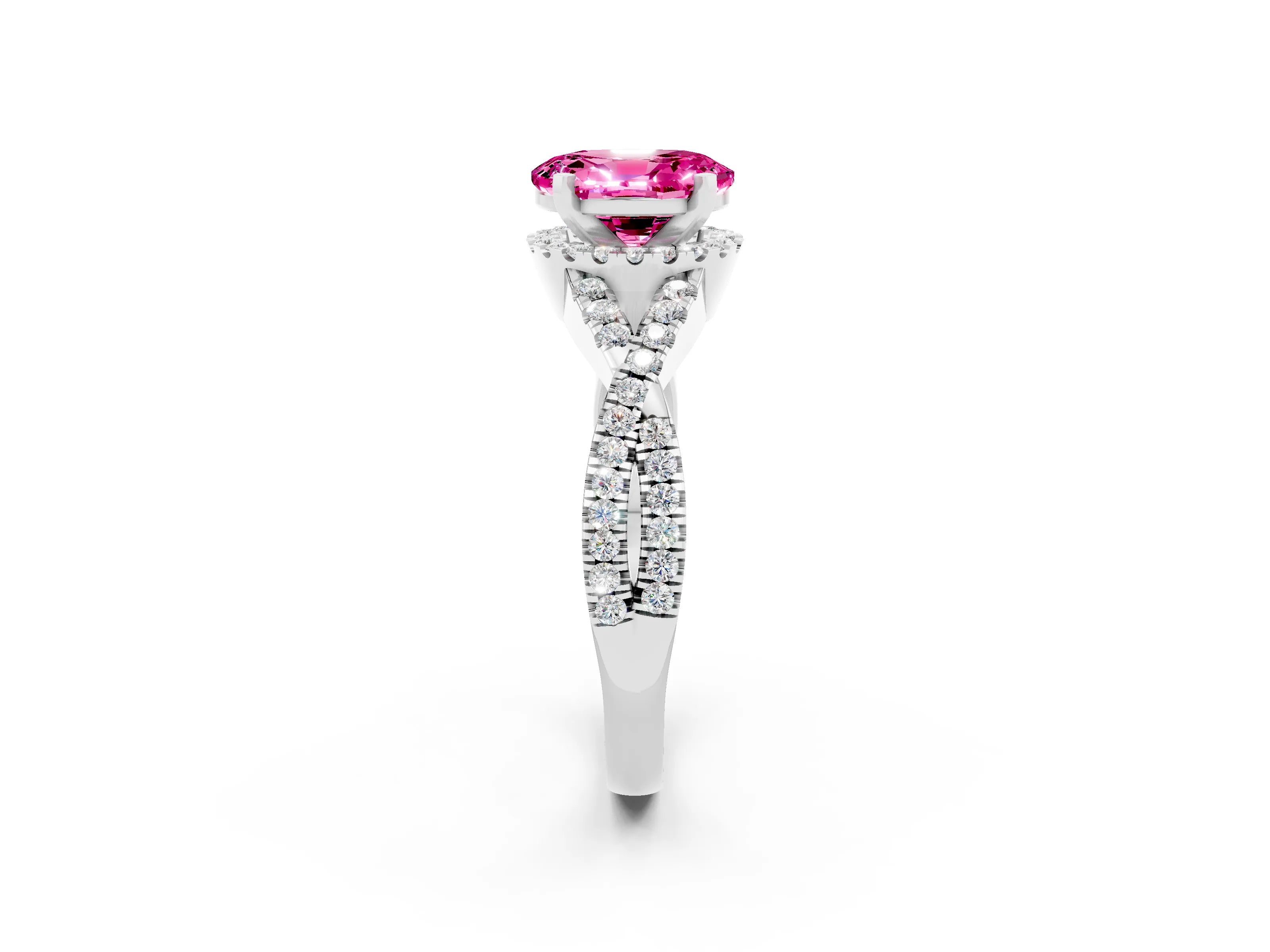 White gold Oval Cut Pink Sapphire Halo Twist Band Solitaire Prong Setting Ring_26