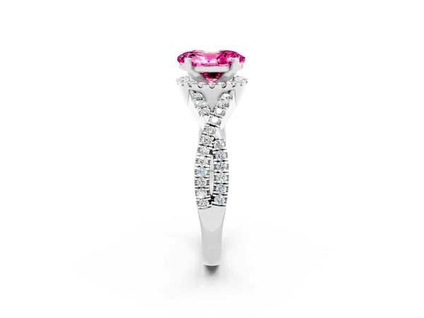 Platinum Oval Cut Pink Sapphire  Halo Twist Band Solitaire Prong Setting Ring