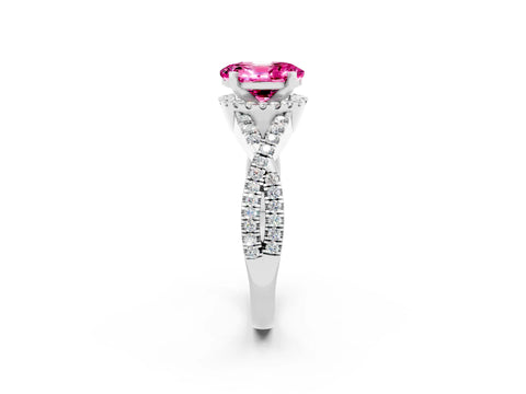 White gold Oval Cut Pink Sapphire Halo Twist Band Solitaire Prong Setting Ring_26
