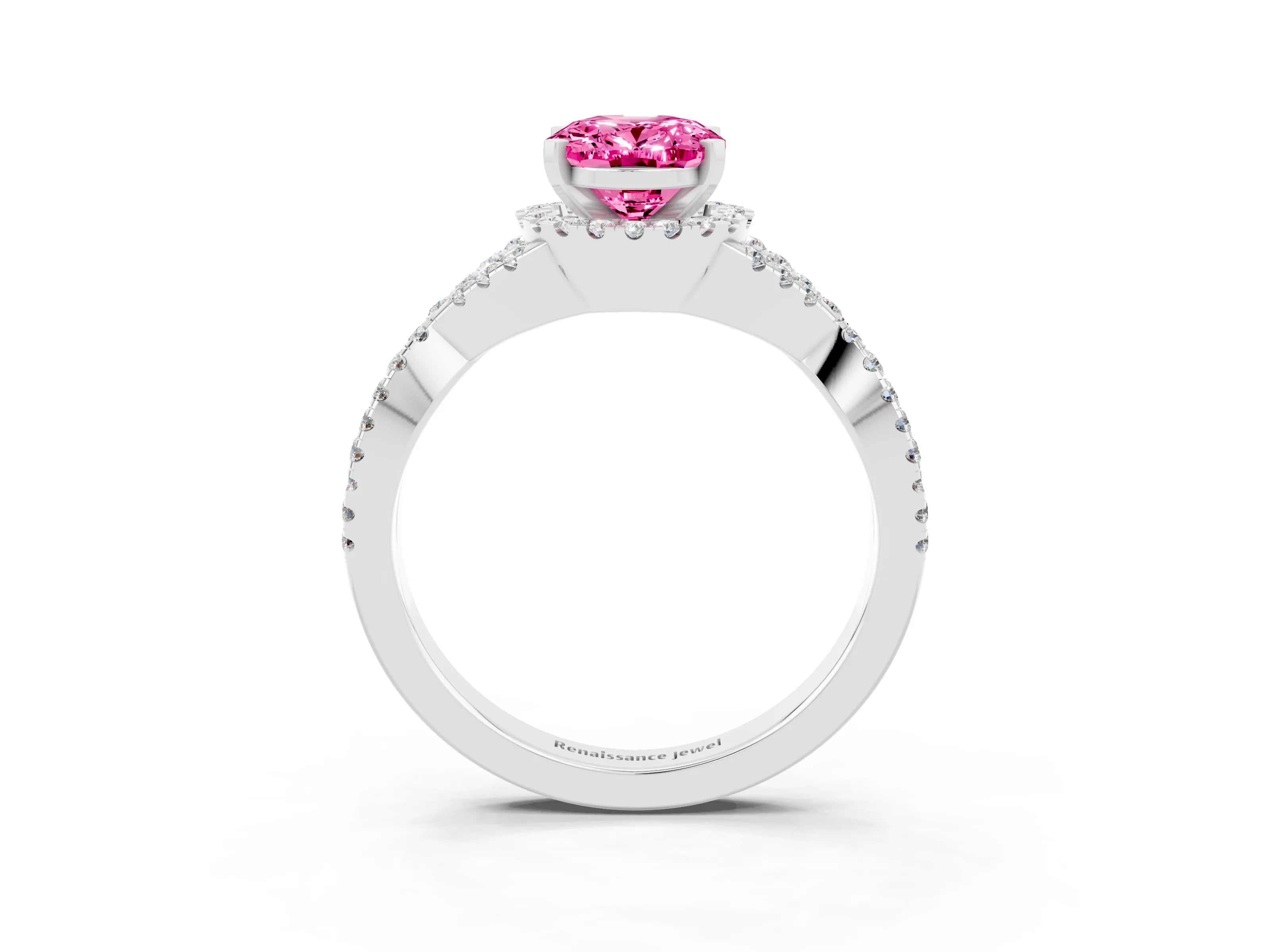 White gold Oval Cut Pink Sapphire Halo Twist Band Solitaire Prong Setting Ring_27