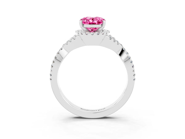 White gold Oval Cut Pink Sapphire  Halo Twist Band Solitaire Prong Setting Ring