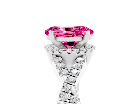 White gold Oval Cut Pink Sapphire Halo Twist Band Solitaire Prong Setting Ring_29