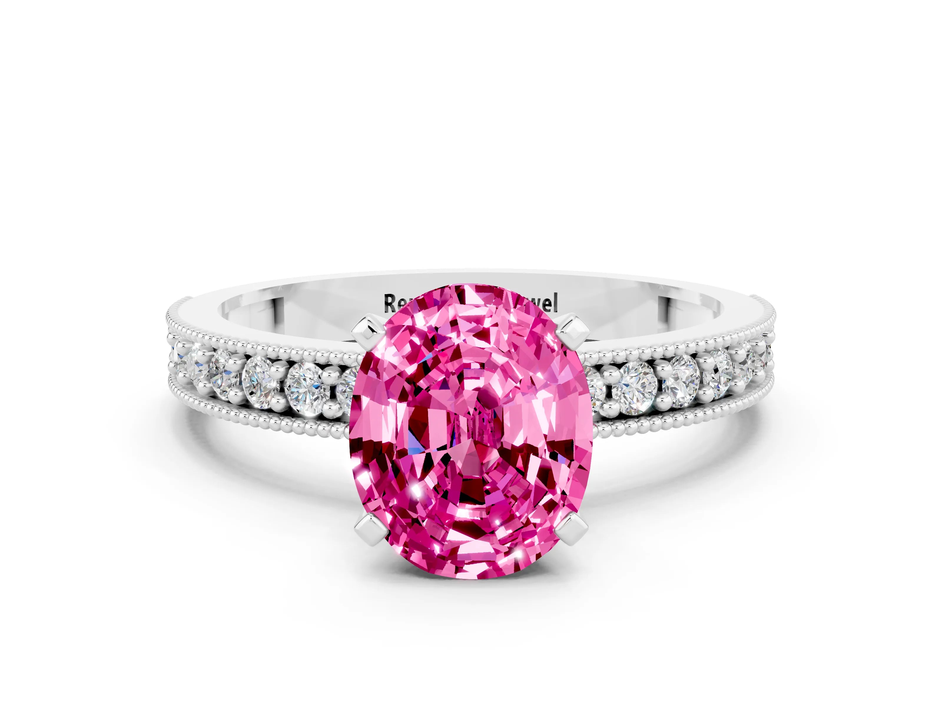 White gold Oval Cut Pink Sapphire Milgrain Pavé Engagement Ring with Four-Prong Setting_54