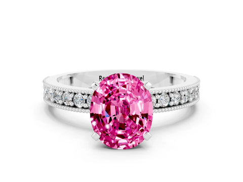 White gold Oval Cut Pink Sapphire Milgrain Pavé Engagement Ring with Four-Prong Setting_58