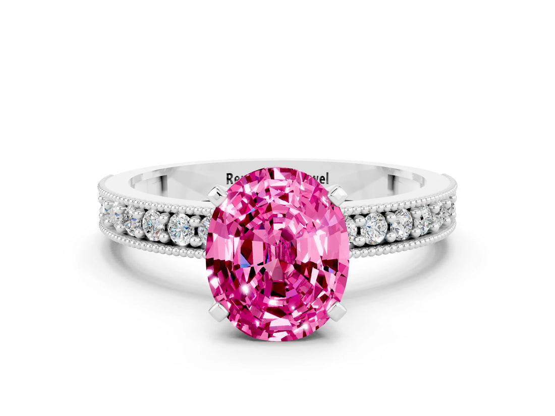 White gold Oval Cut Pink Sapphire Milgrain Pavé Engagement Ring with Four-Prong Setting_60