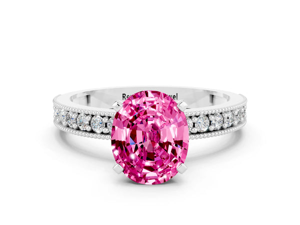 Platinum Oval Cut Pink Sapphire Milgrain Pavé Engagement Ring with Four-Prong Setting