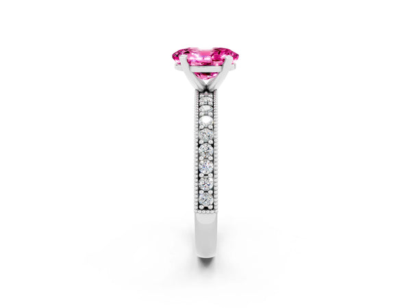 Silver Oval Cut Pink Sapphire Milgrain Pavé Engagement Ring with Four-Prong Setting