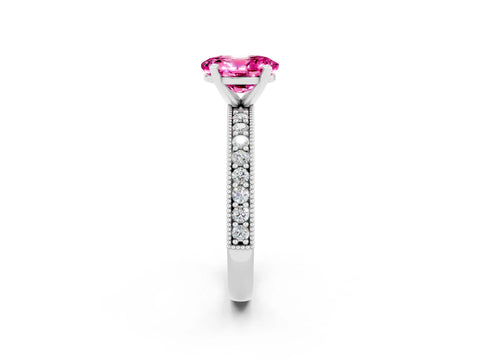 White gold Oval Cut Pink Sapphire Milgrain Pavé Engagement Ring with Four-Prong Setting_60