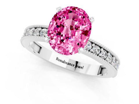 White gold Oval Cut Pink Sapphire Milgrain Pavé Engagement Ring with Four-Prong Setting_61
