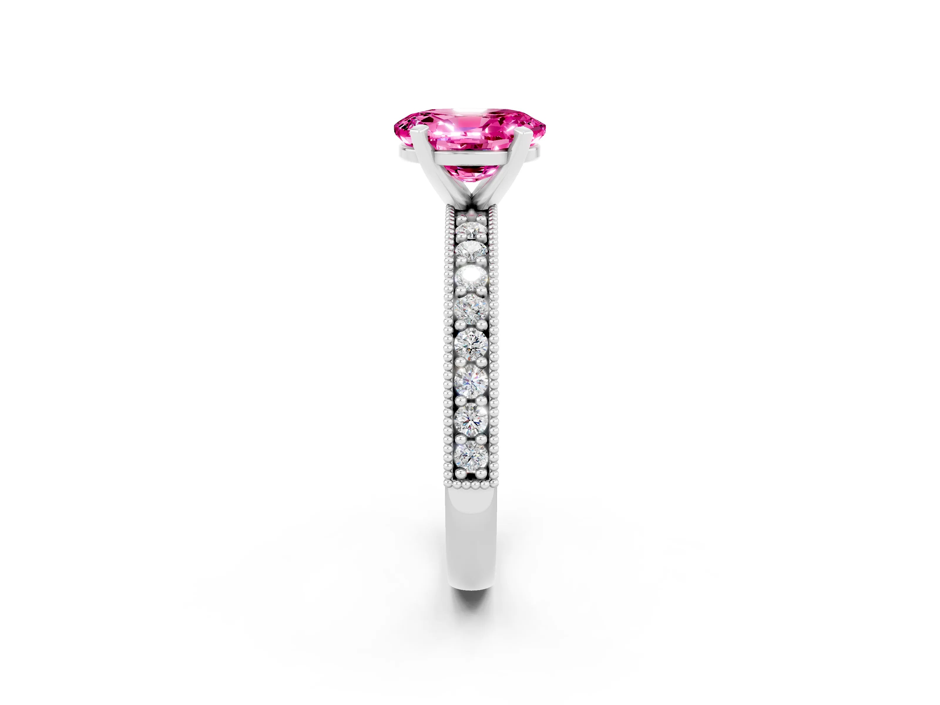 White gold Oval Cut Pink Sapphire Milgrain Pavé Engagement Ring with Four-Prong Setting_62