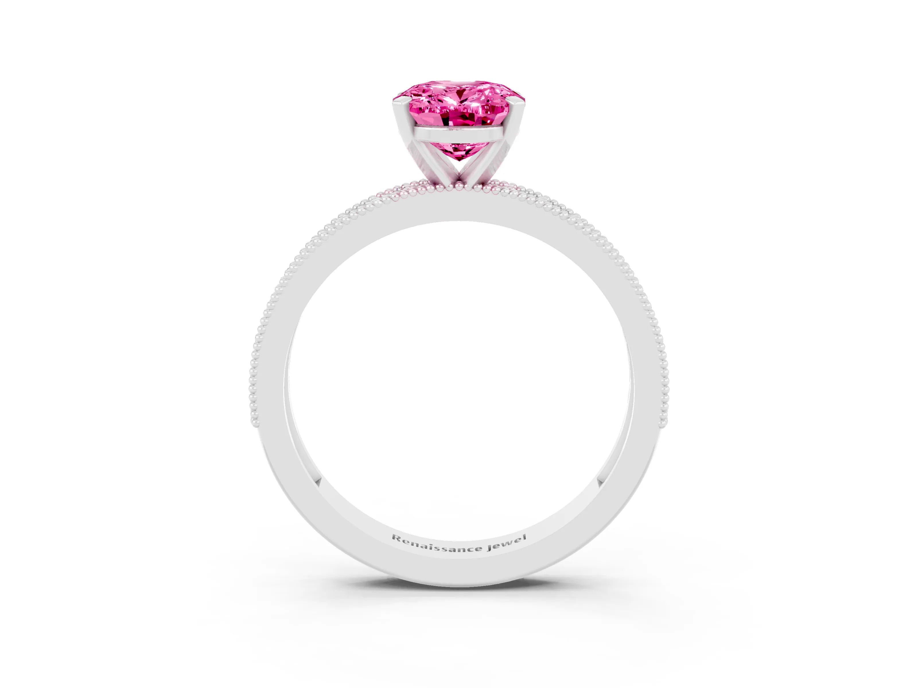 White gold Oval Cut Pink Sapphire Milgrain Pavé Engagement Ring with Four-Prong Setting_63
