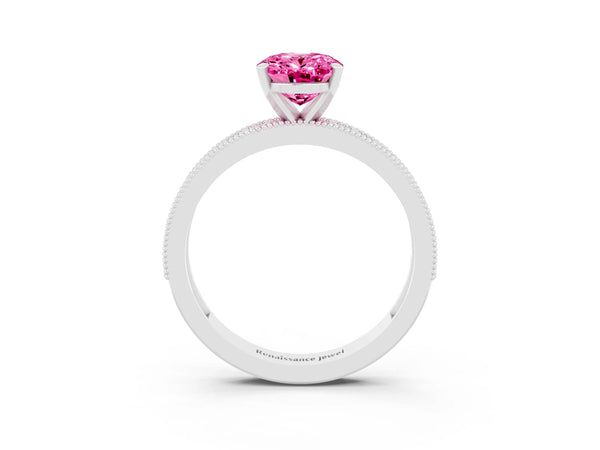 Platinum Oval Cut Pink Sapphire Milgrain Pavé Engagement Ring with Four-Prong Setting