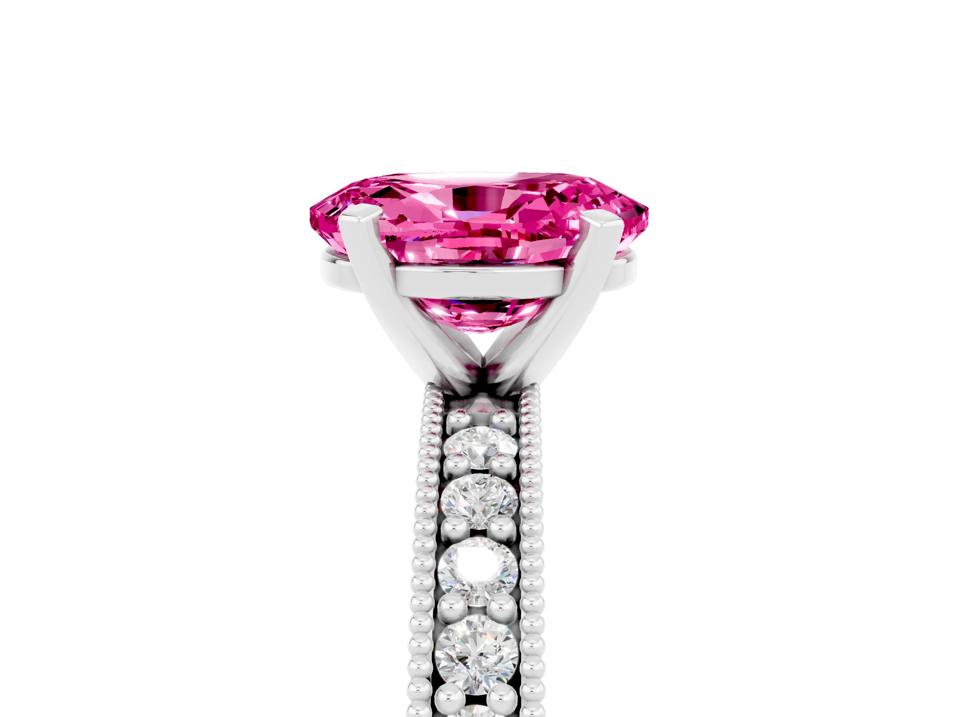 White gold Oval Cut Pink Sapphire Milgrain Pavé Engagement Ring with Four-Prong Setting_65
