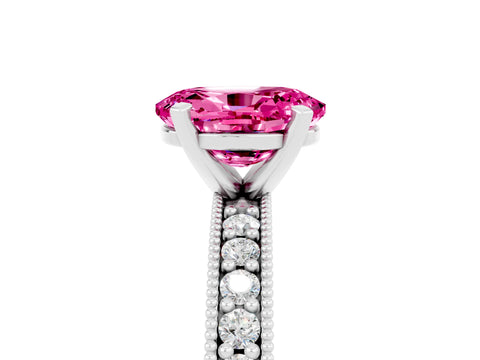 White gold Oval Cut Pink Sapphire Milgrain Pavé Engagement Ring with Four-Prong Setting_65