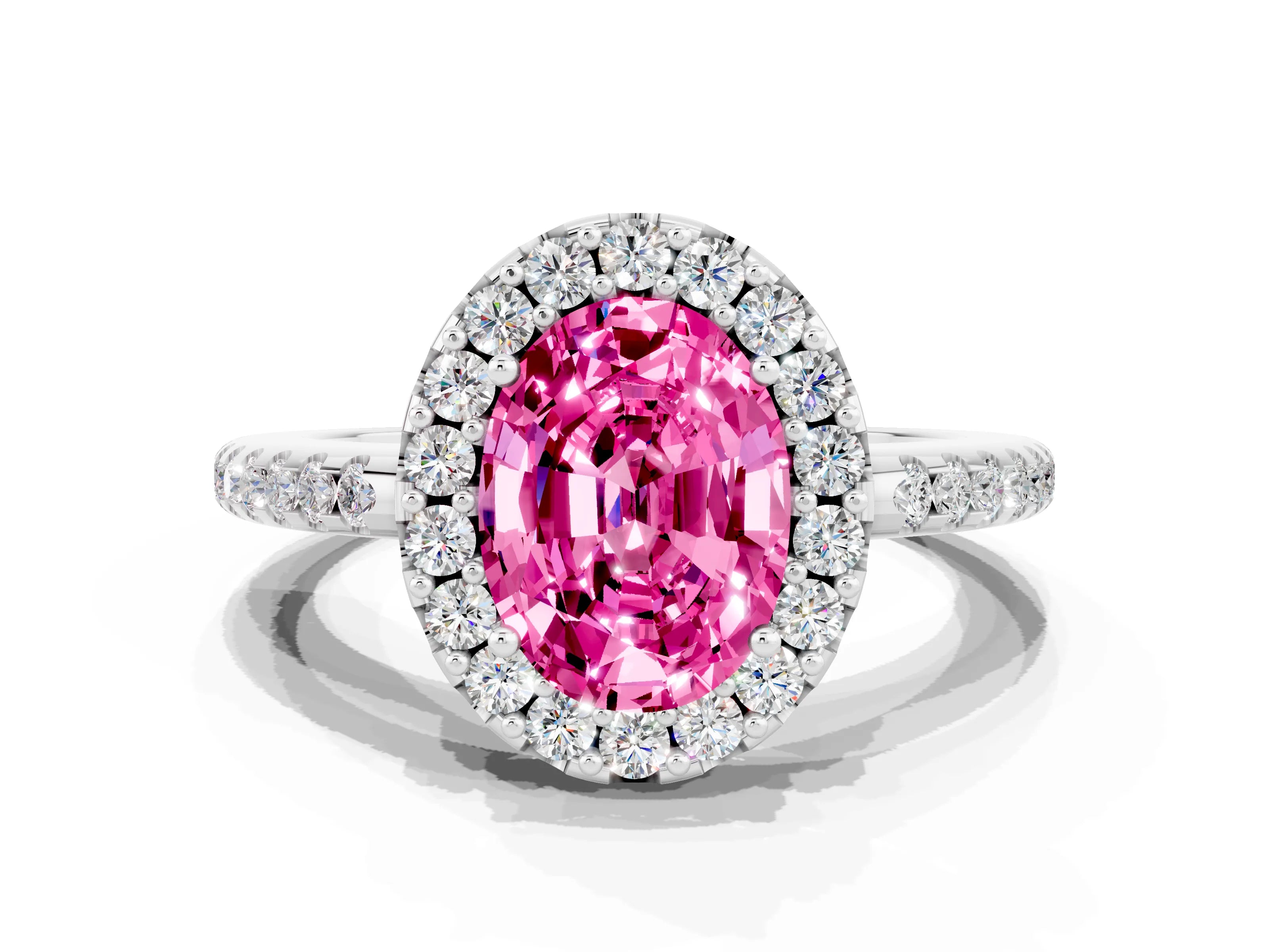 White gold Oval Cut Pink Sapphire Pavé Halo Ring with Four-Prong Setting_12