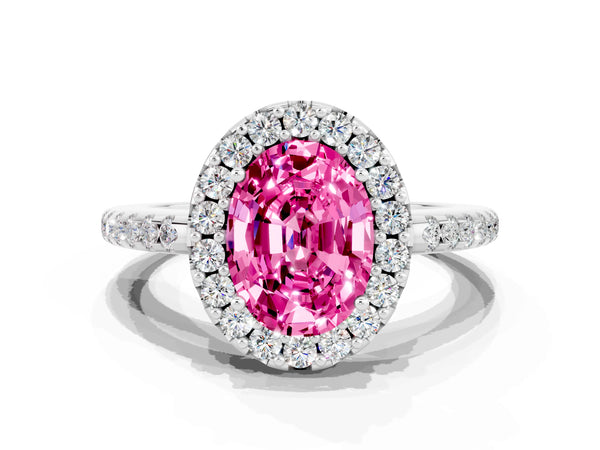 Silver Oval Cut Pink Sapphire Pavé Halo Ring with Four-Prong Setting
