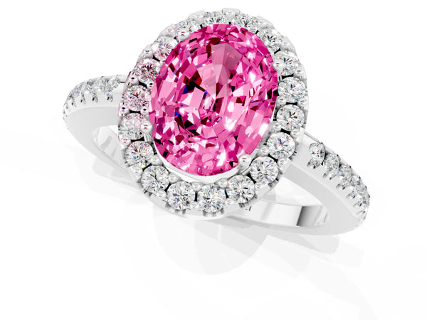 White gold Oval Cut Pink Sapphire Pavé Halo Ring with Four-Prong Setting