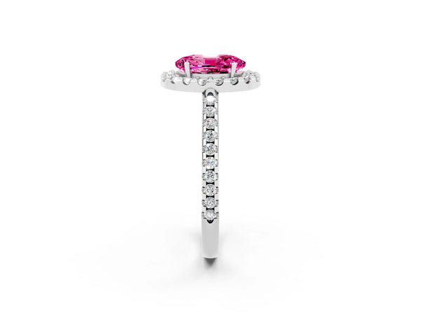 Platinum Oval Cut Pink Sapphire Pavé Halo Ring with Four-Prong Setting